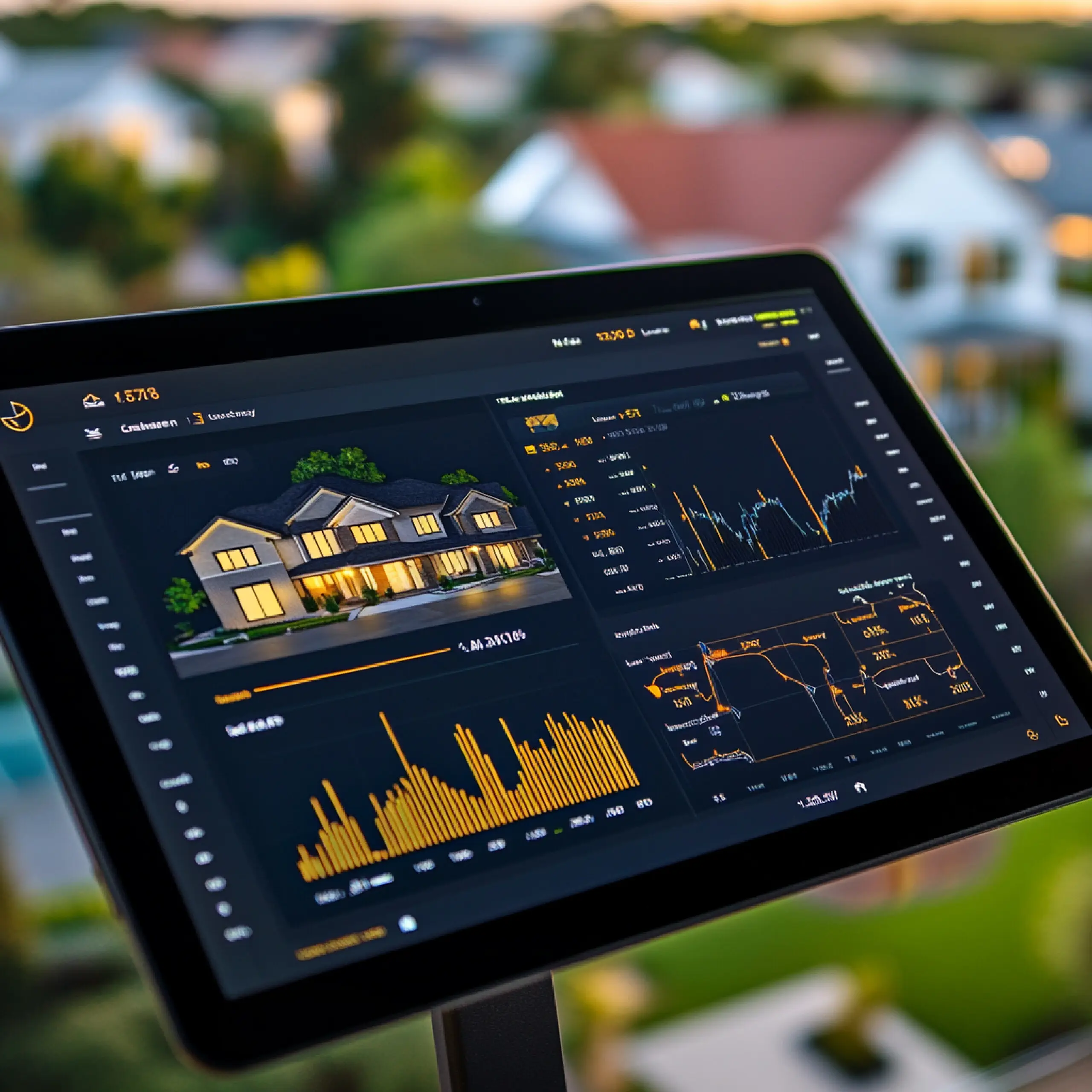 Digital dashboard that shows real estate market trends, property values, and demographic data.