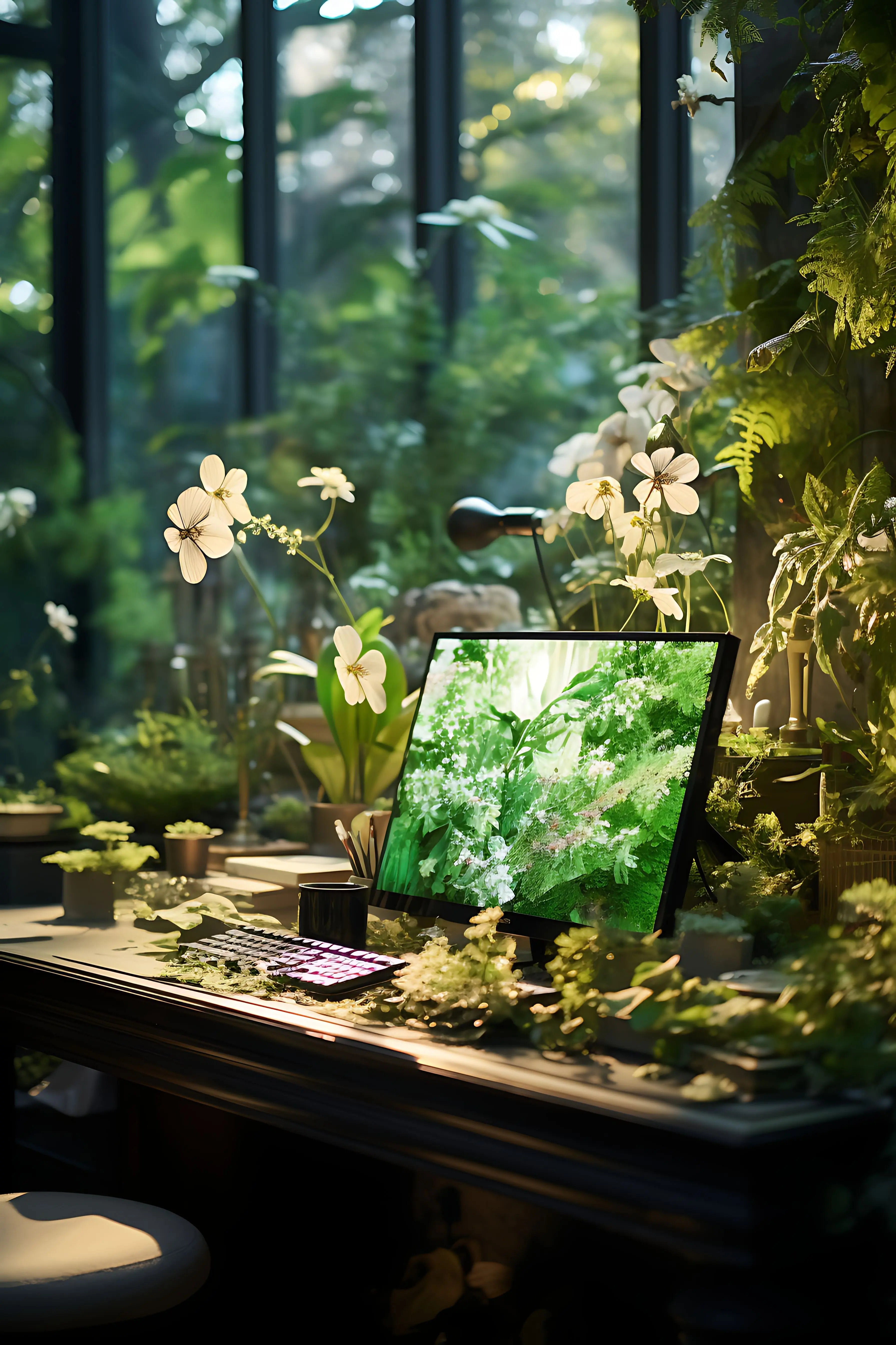 Creative live-stream background idea: an Enchanted Garden–themed gaming retreat with a green color theme, Garden Ins.