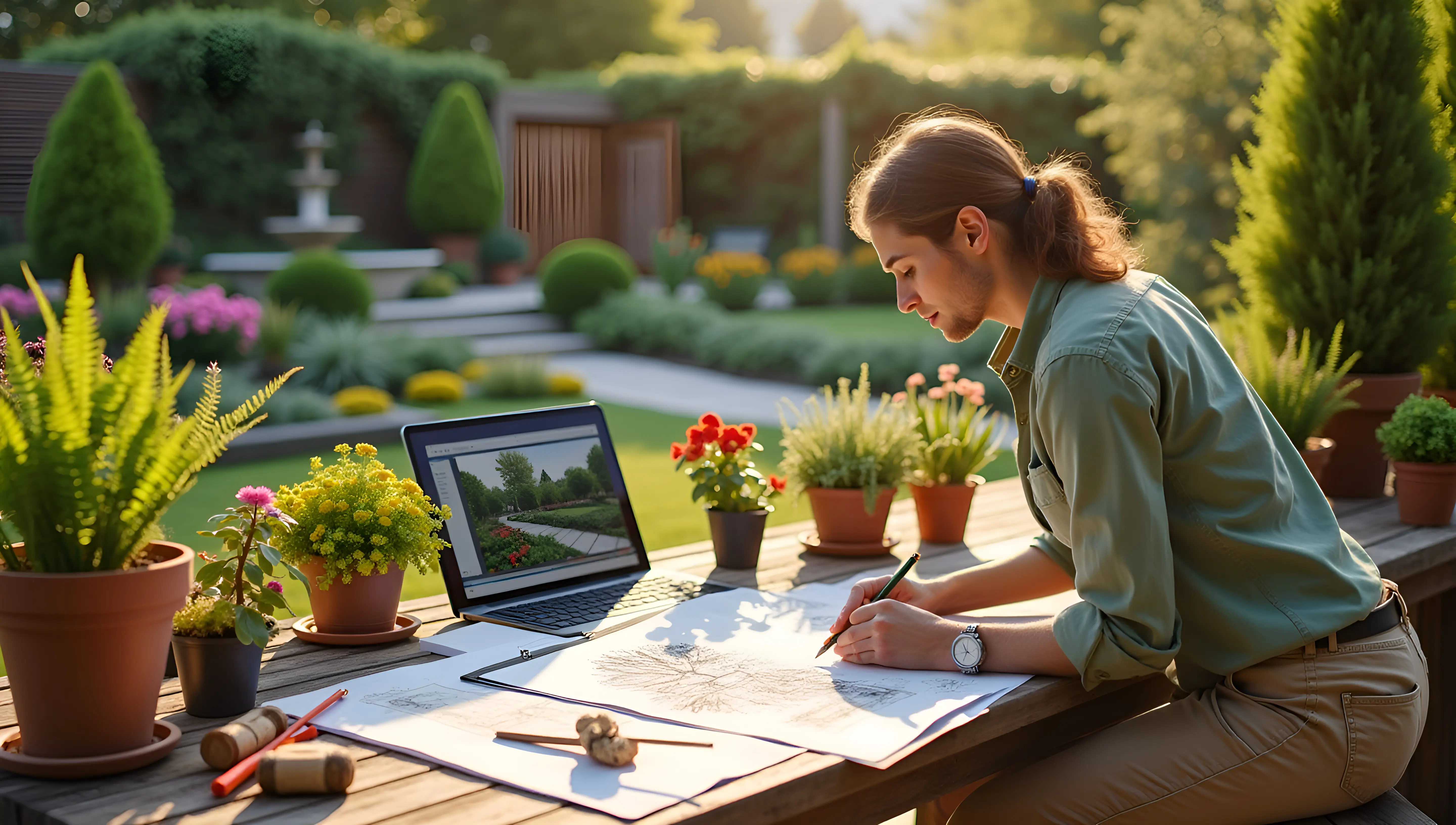 Serene depiction of an architect planning a garden.
