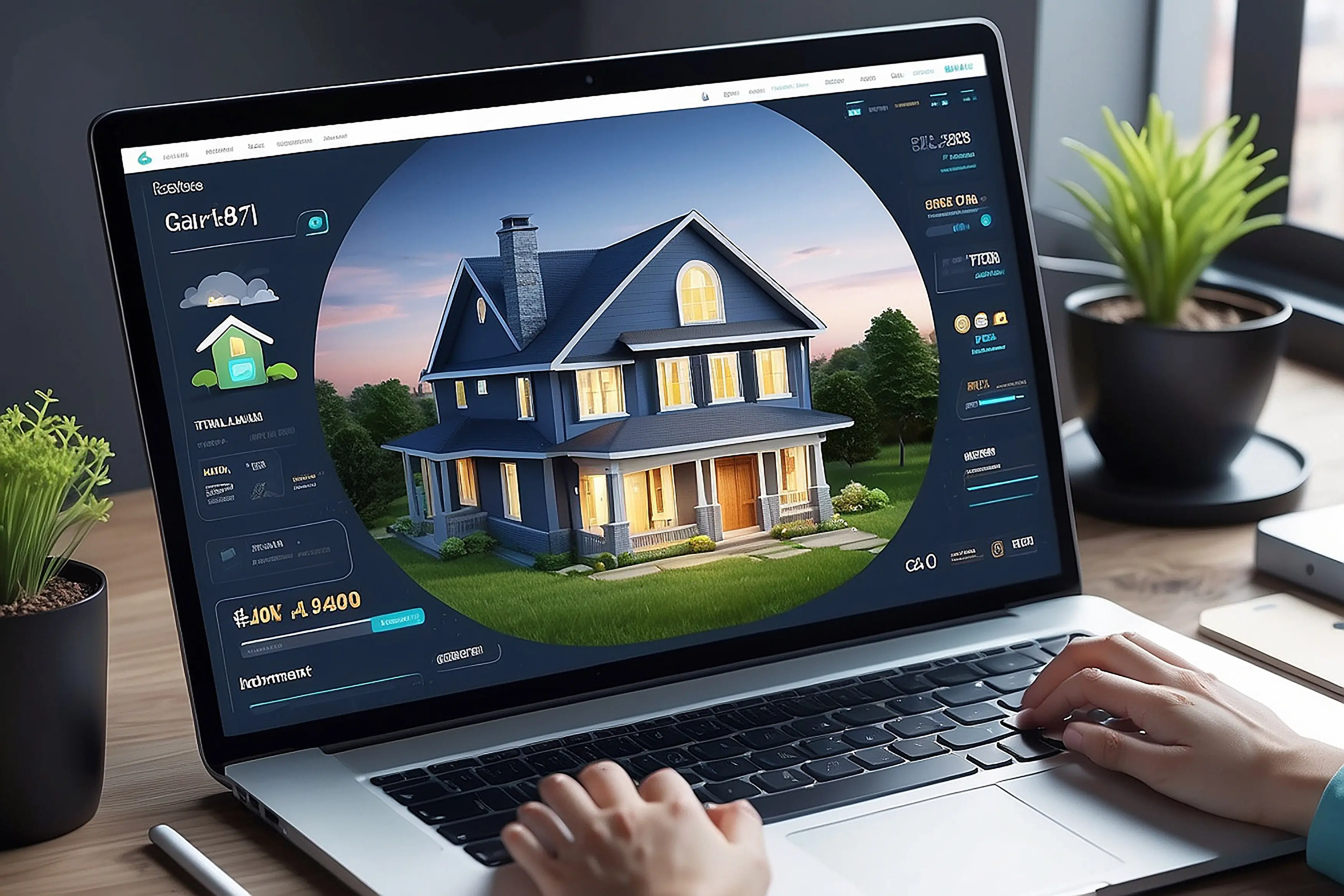 A real estate investment concept with online real estate on virtual screens, home search lan, and Generative AI.