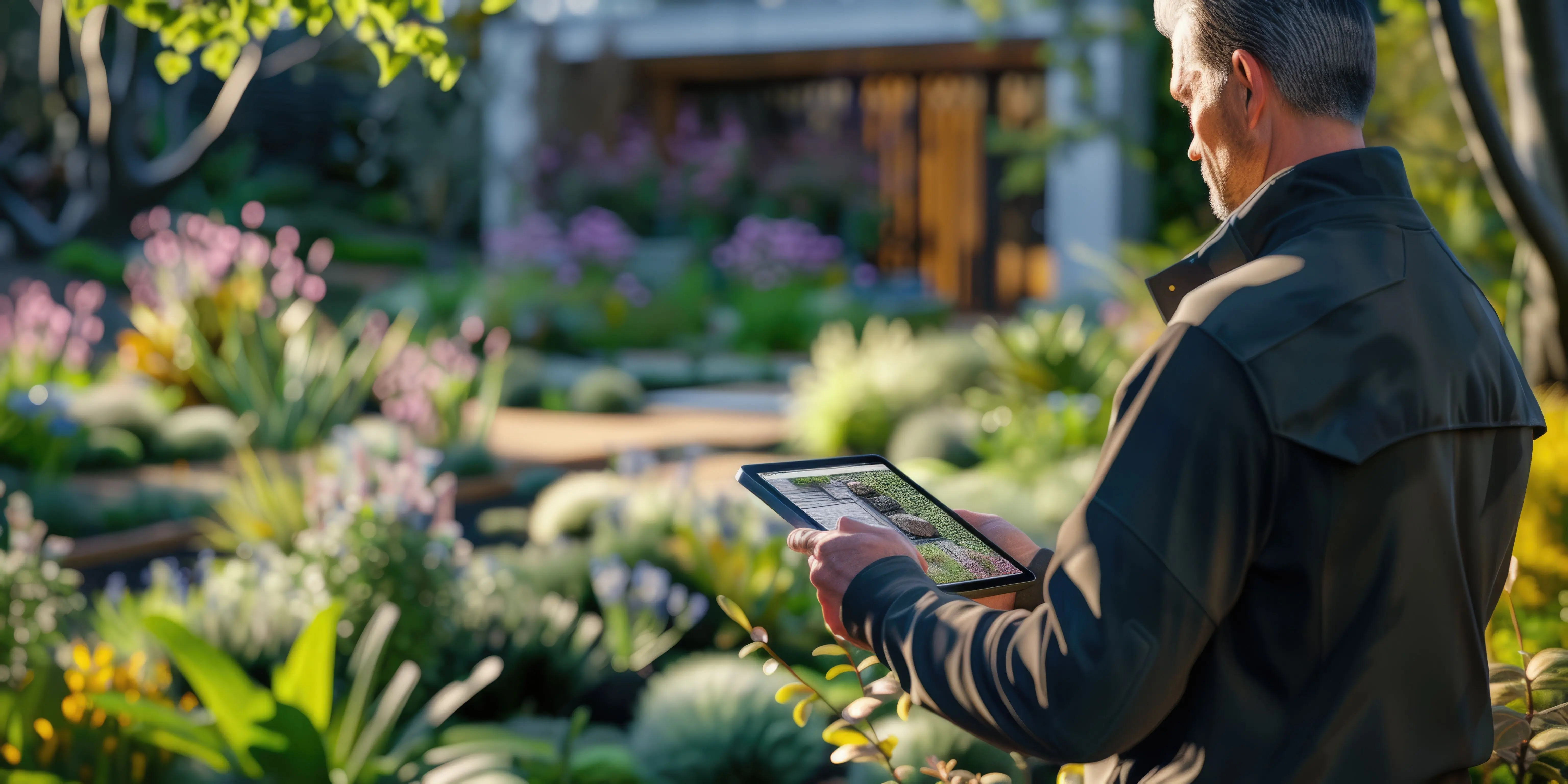 A smart architect holds a tablet while recording video of a garden landscape, AIG42.