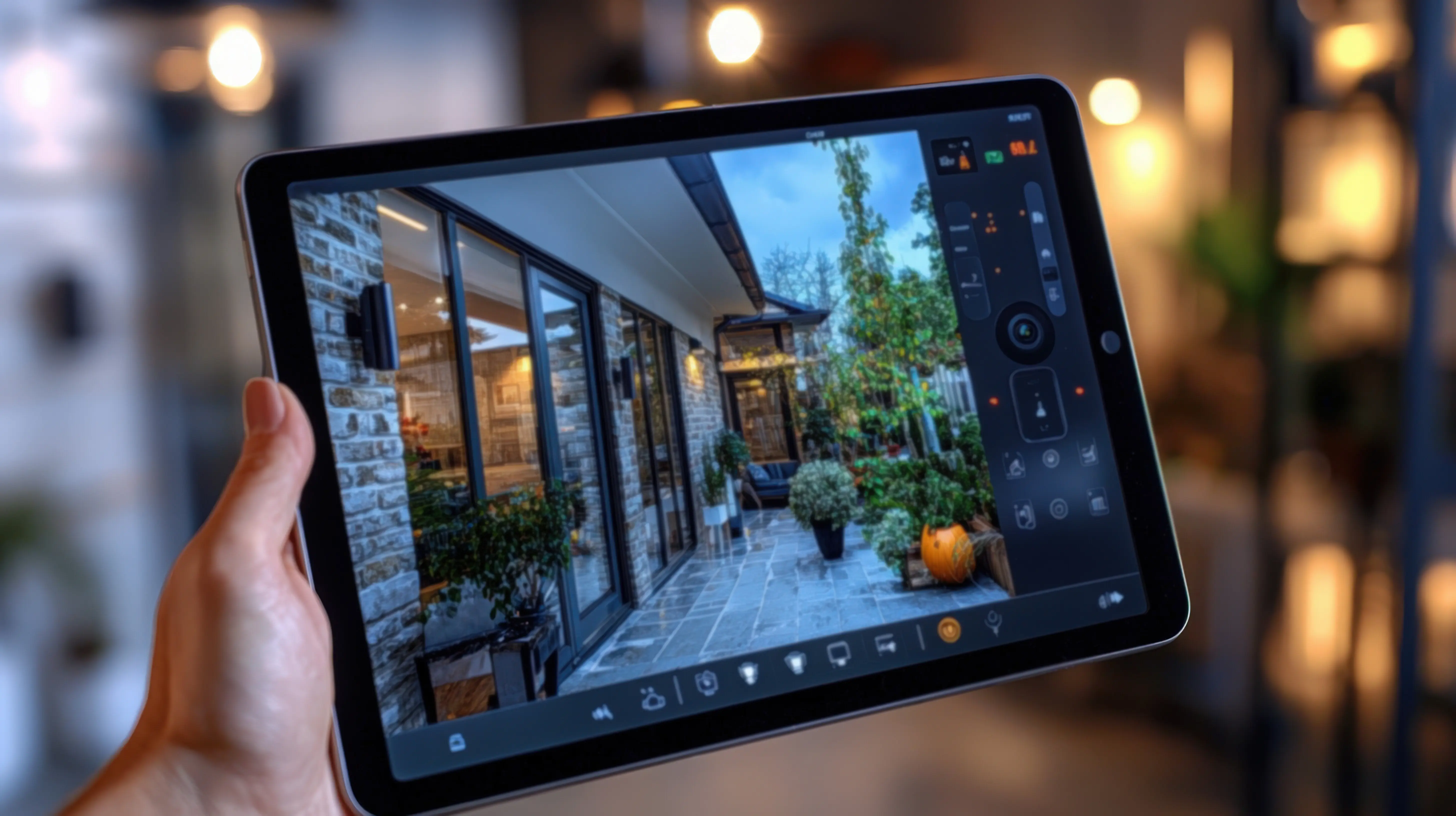Someone holding a tablet that displays a modern home design in a stylish outdoor setting.