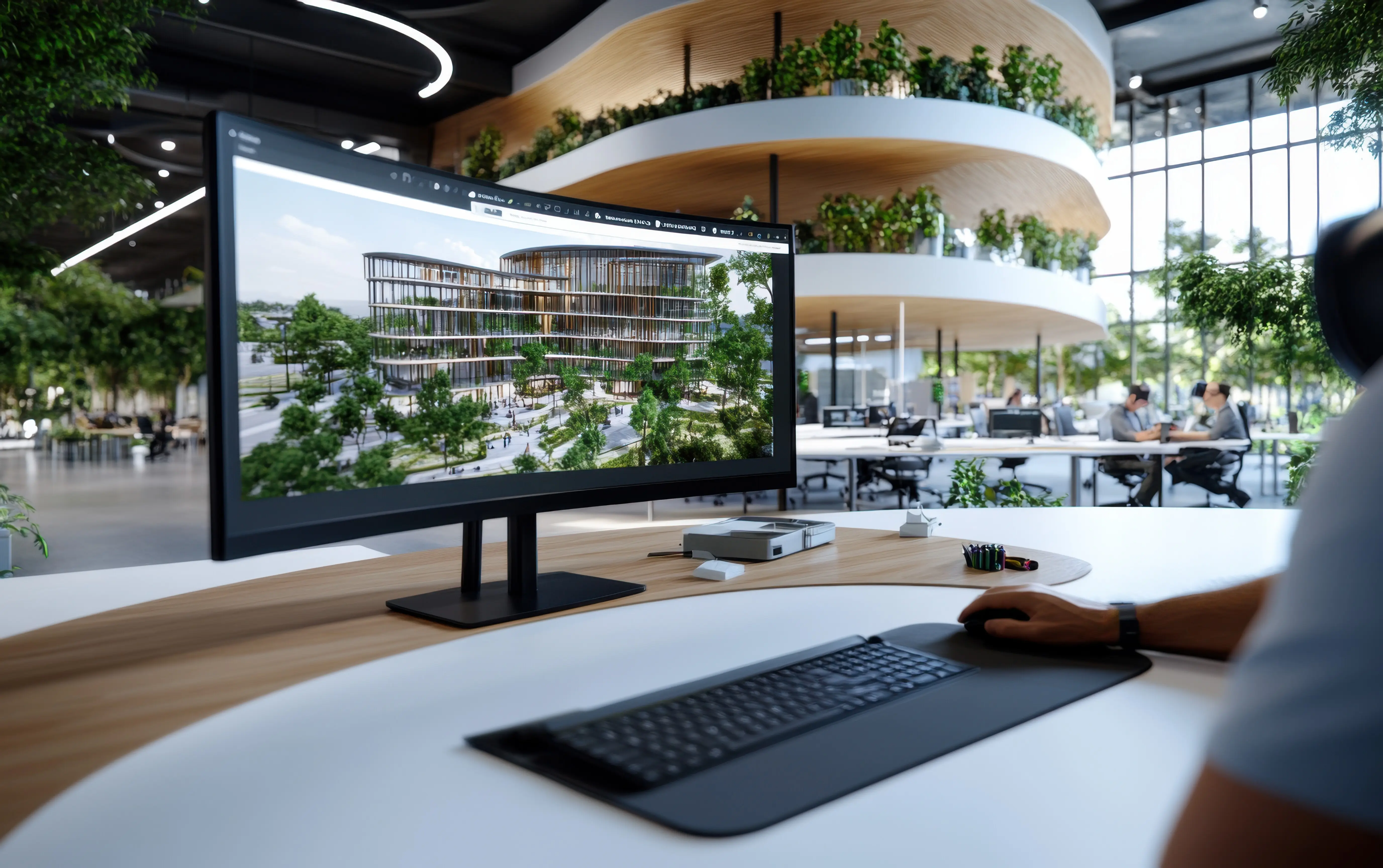 Portray architects using VR to present building designs to clients, with selective focus on the VR.