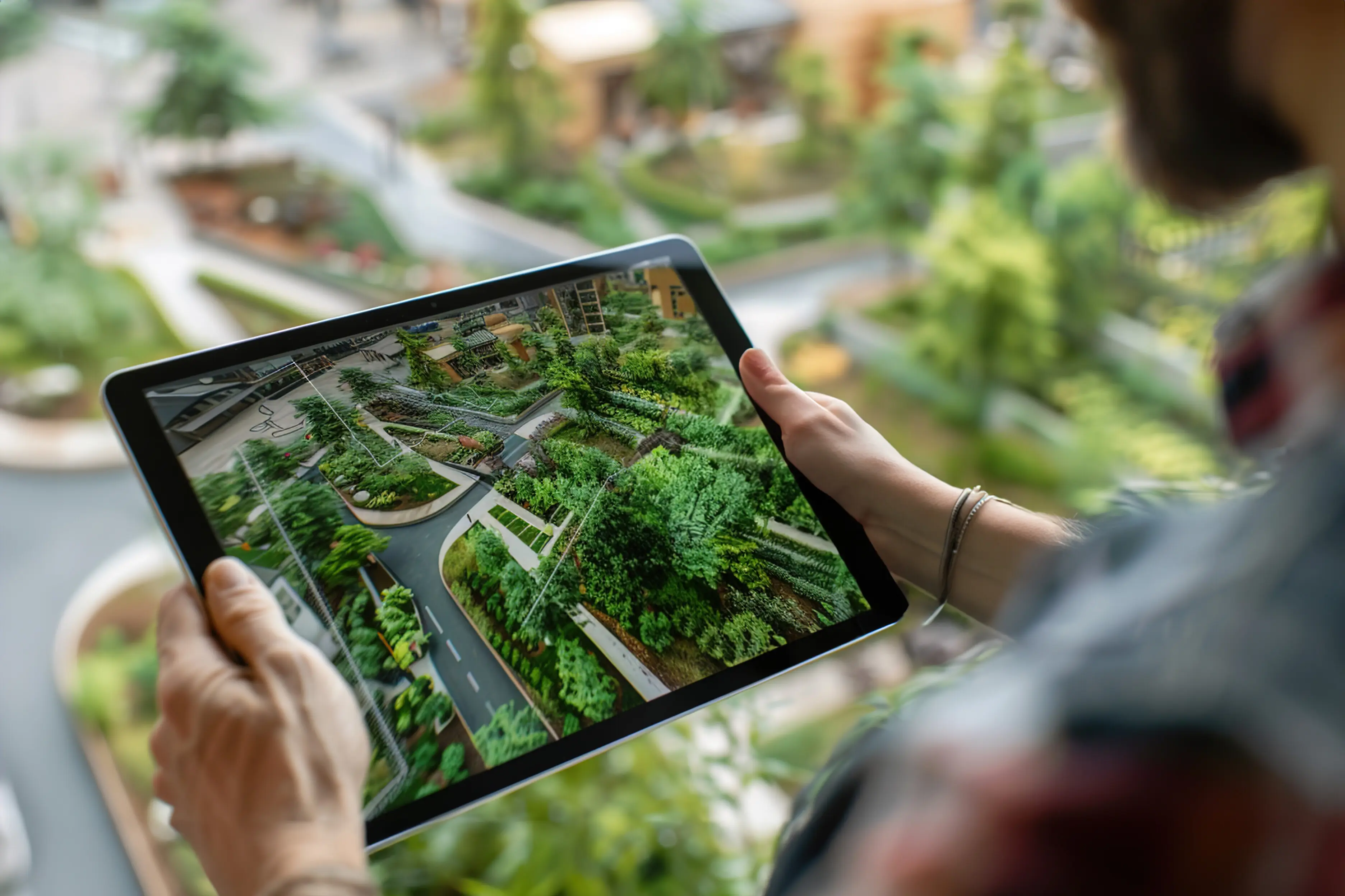 A designer uses a digital tool to design green spaces, rooftop gardens, and bike lanes on tablet screens.