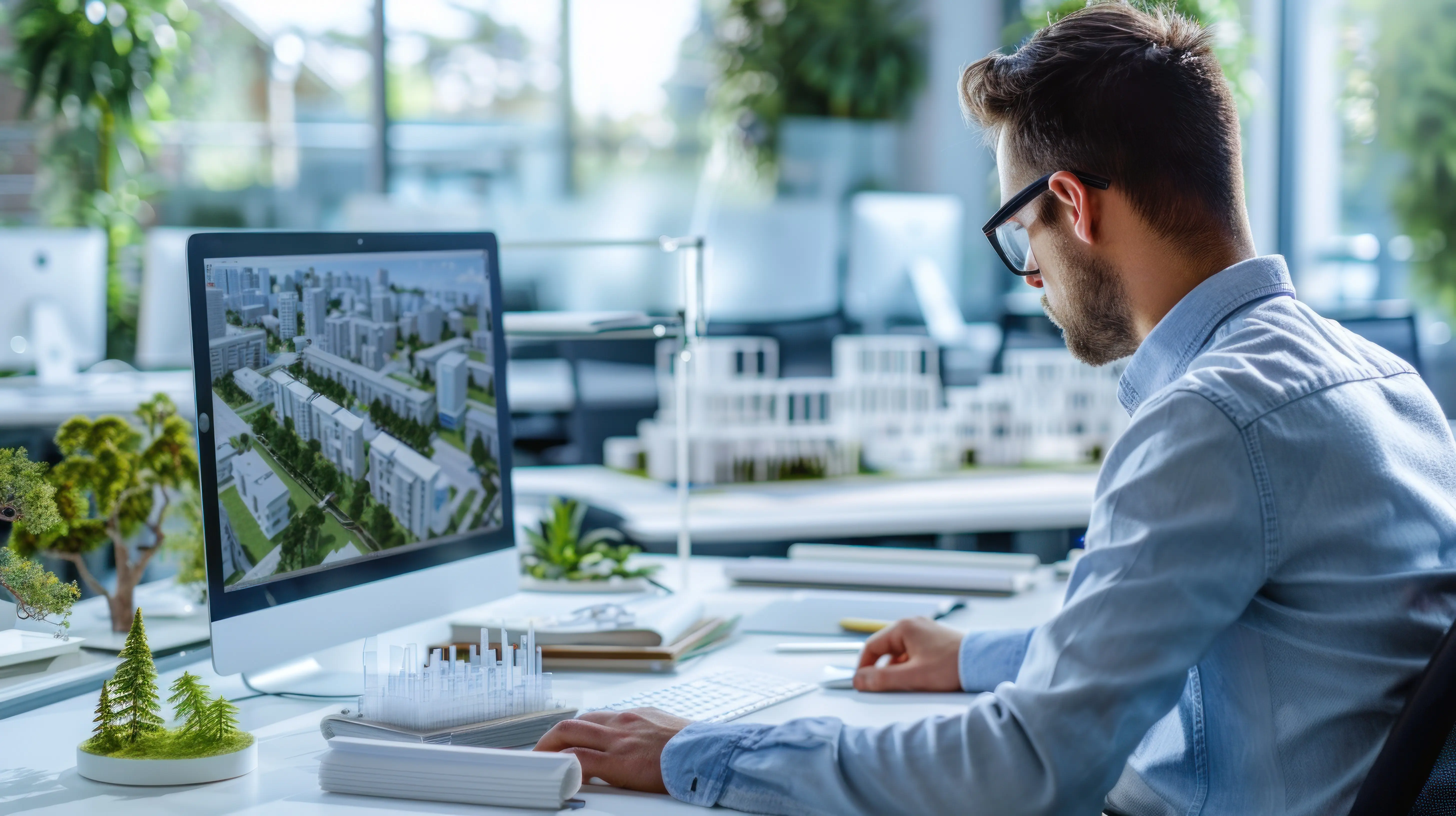 A man is seated at a desk with a computer monitor in front of him.