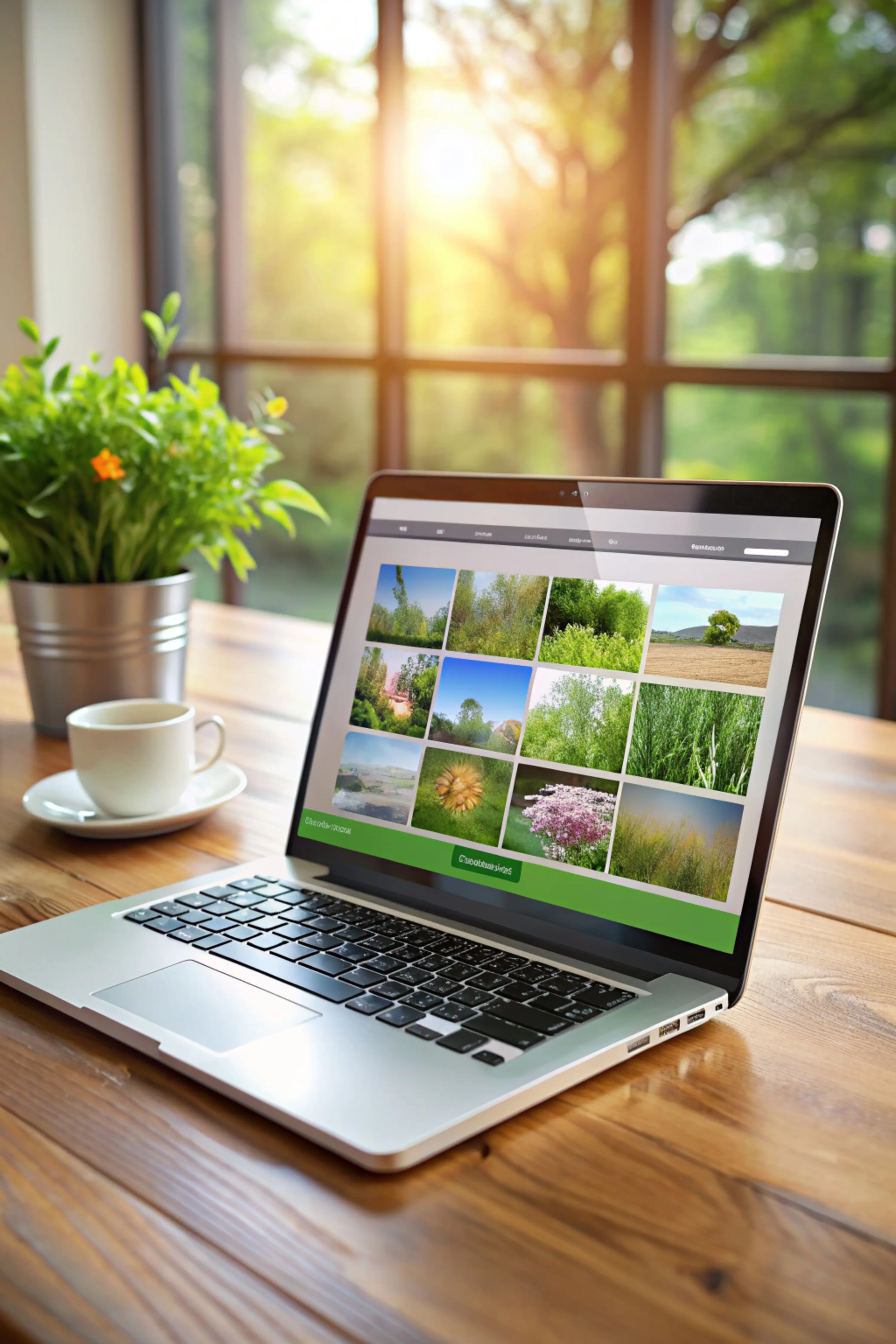 A laptop showing a nature website on its screen with a room in the background; all screen graphics are designed.
